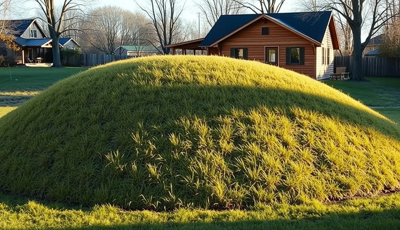 Grass-covered septic mound system in a rural residential backyard on a clear morning