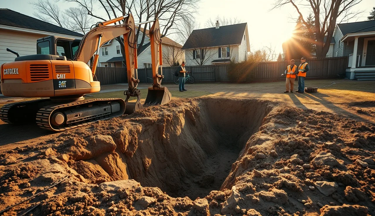 Excavator beside an open drain field trench in a residential backyard