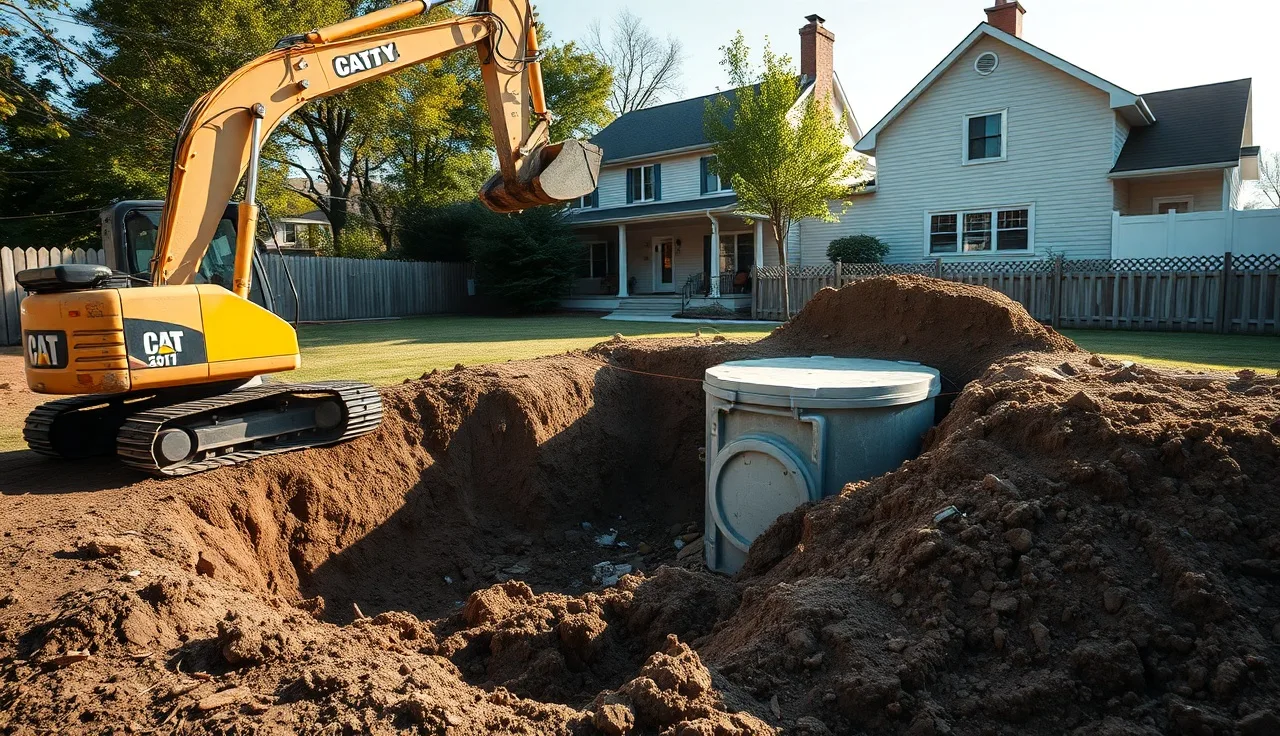 Excavator installing a concrete septic tank in a residential backyard trench