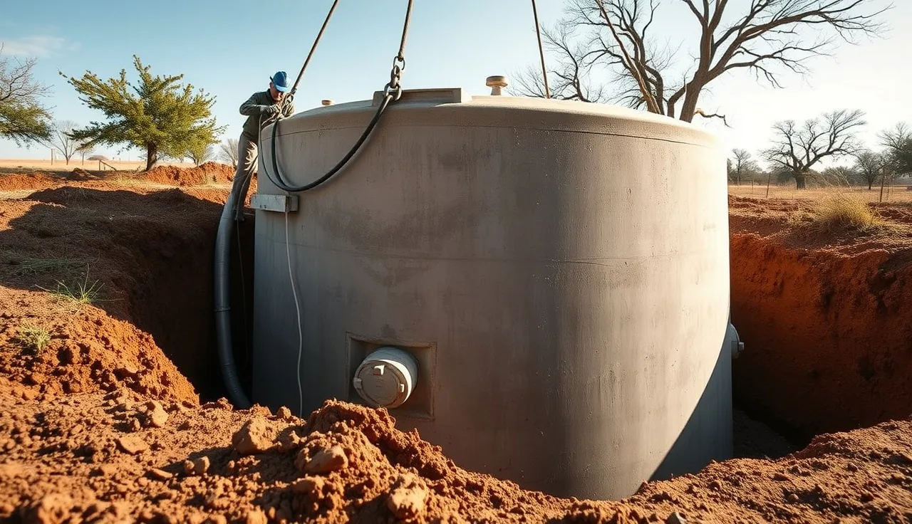 Concrete septic tank being installed in excavated trench on Texas rural property