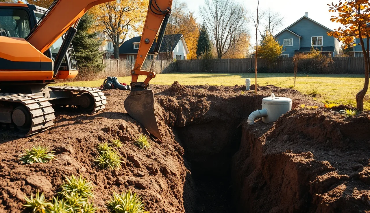 Excavator exposing a concrete septic tank during a residential system relocation project