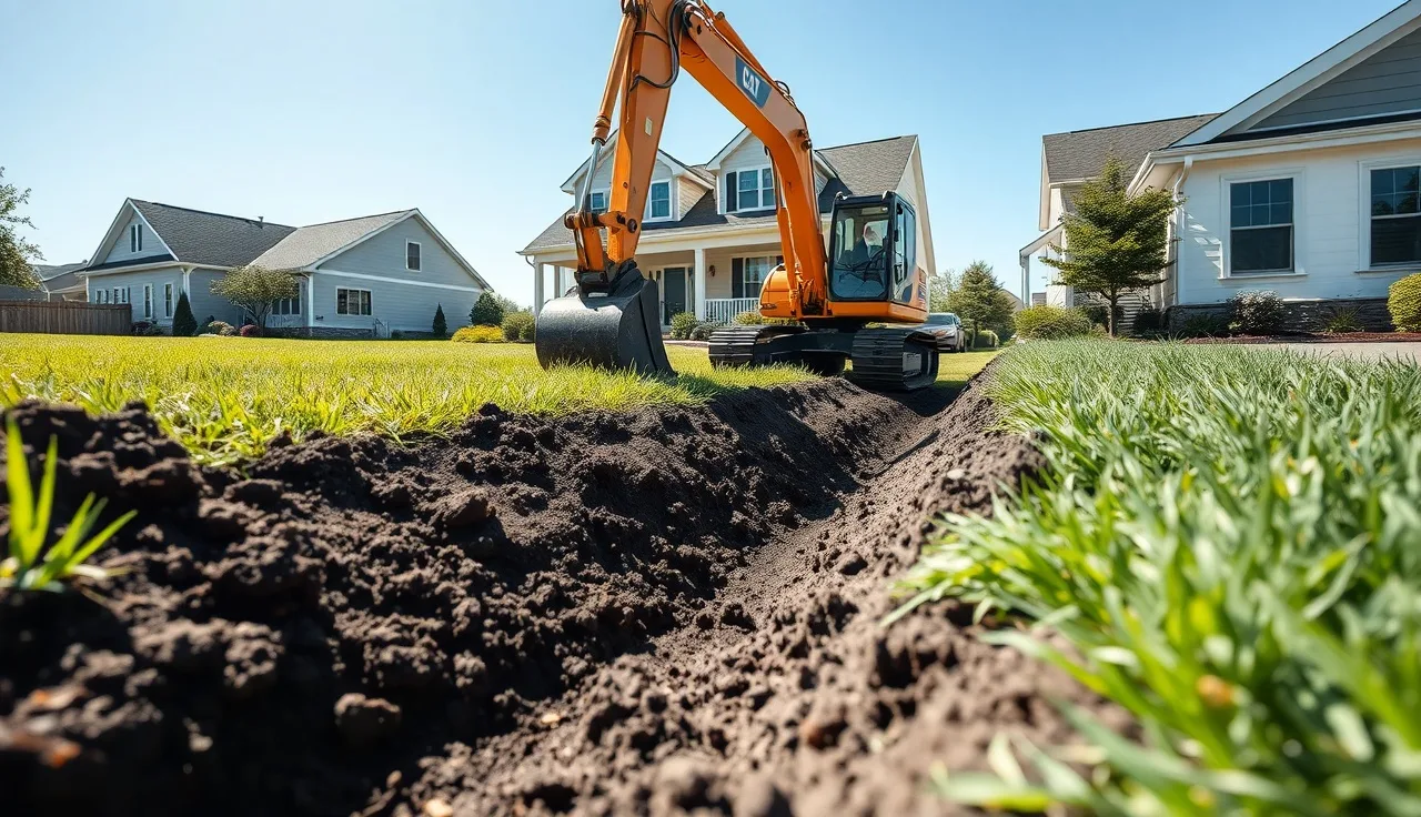 Excavator digging a septic drain field trench in a residential backyard