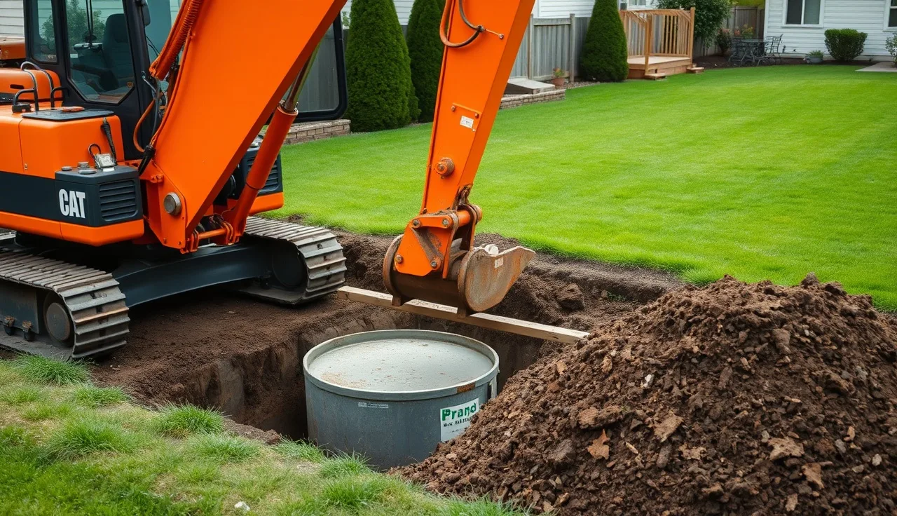 Excavator removing a concrete septic tank from a residential backyard excavation