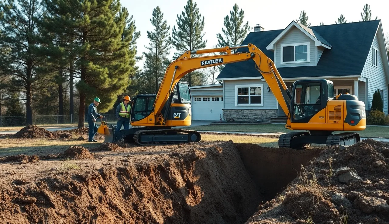 Excavator digging a trench for septic system replacement at a rural home