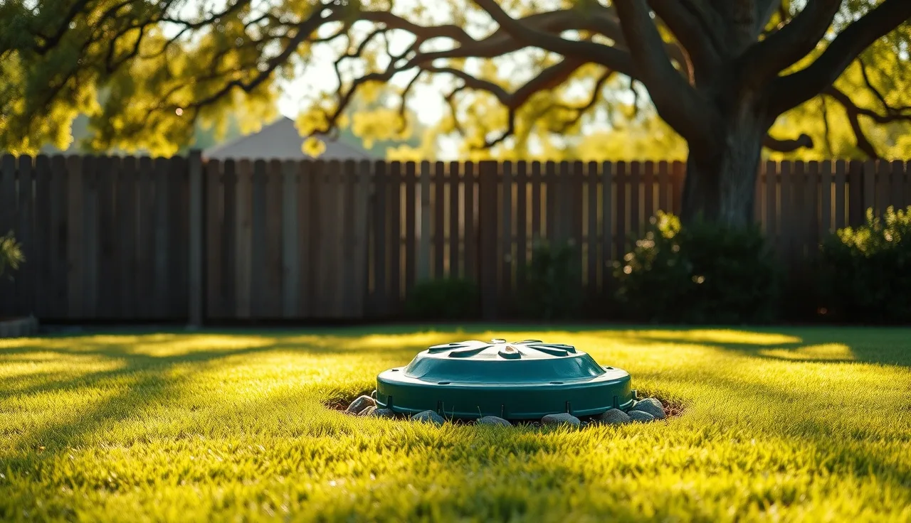 Decorative fake rock septic tank cover installed in a green backyard lawn