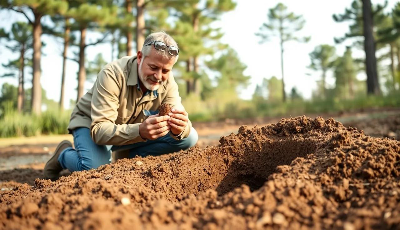Soil scientist examining a clay soil core sample beside a bore hole during a perc test site evaluation