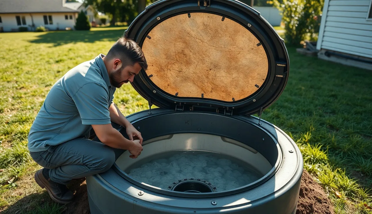 Technician inspecting open aerobic septic tank access lid in backyard