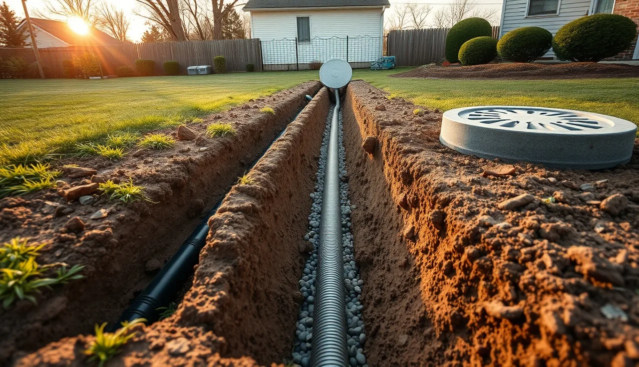 Excavated drain field trenches with perforated pipe and gravel in residential backyard