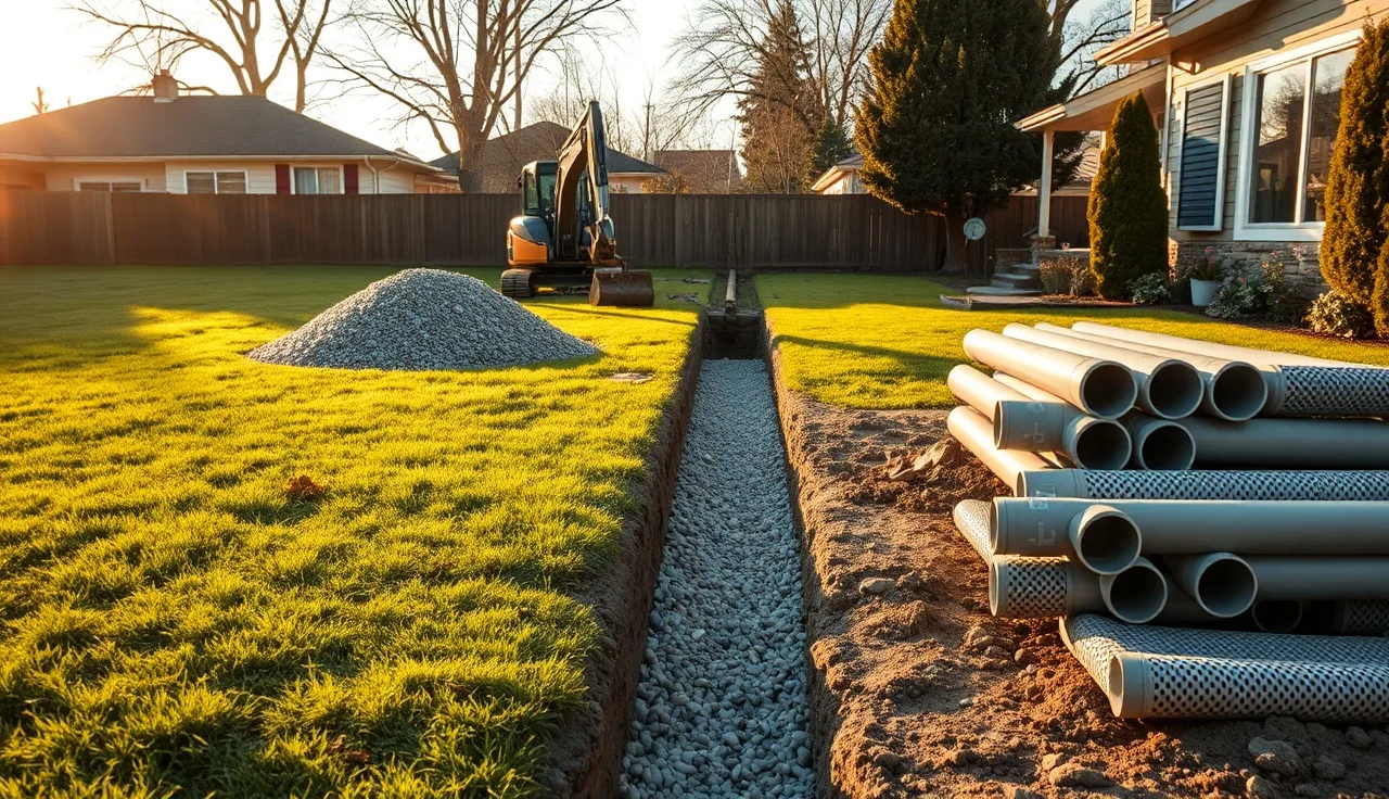 Excavator digging drain field trench in residential backyard with gravel pile nearby