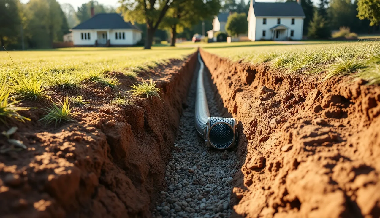 Freshly excavated leach field trench with perforated pipe on gravel bed in residential yard