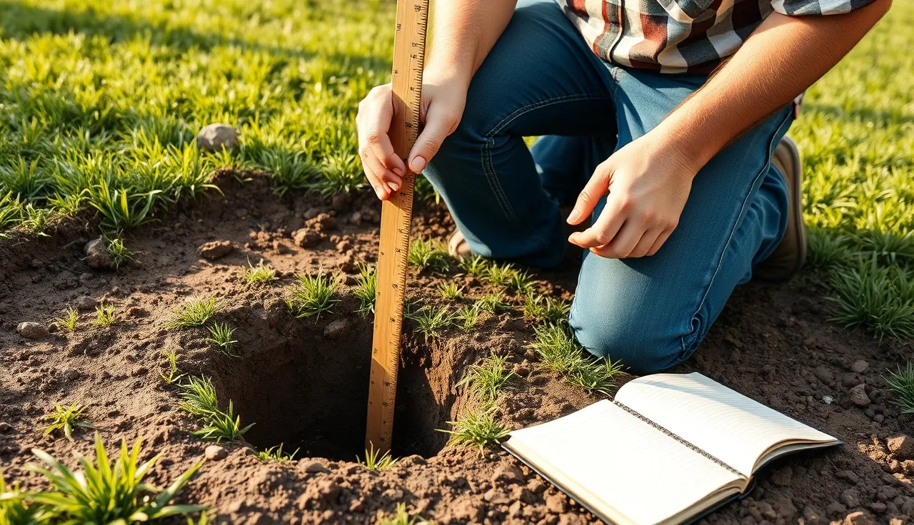 Homeowner measuring water level in a perc test hole in a backyard