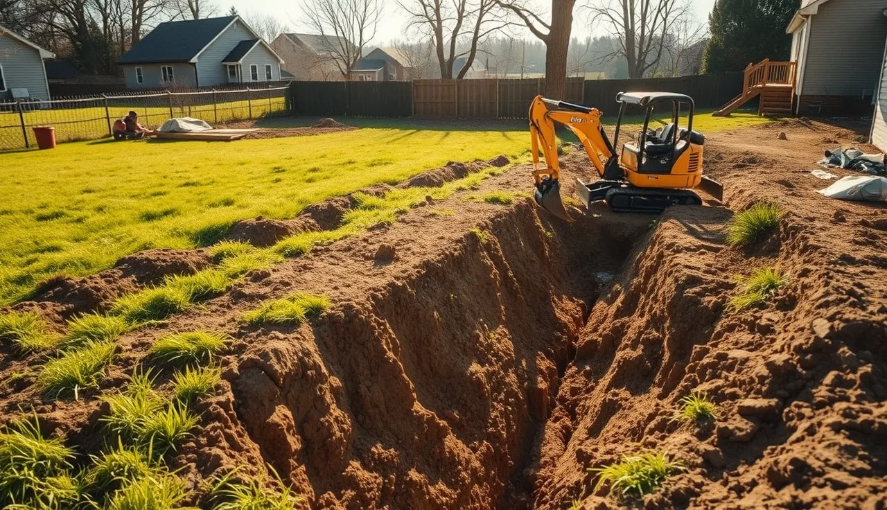 Excavation trenches for a DIY septic system installation in a rural backyard