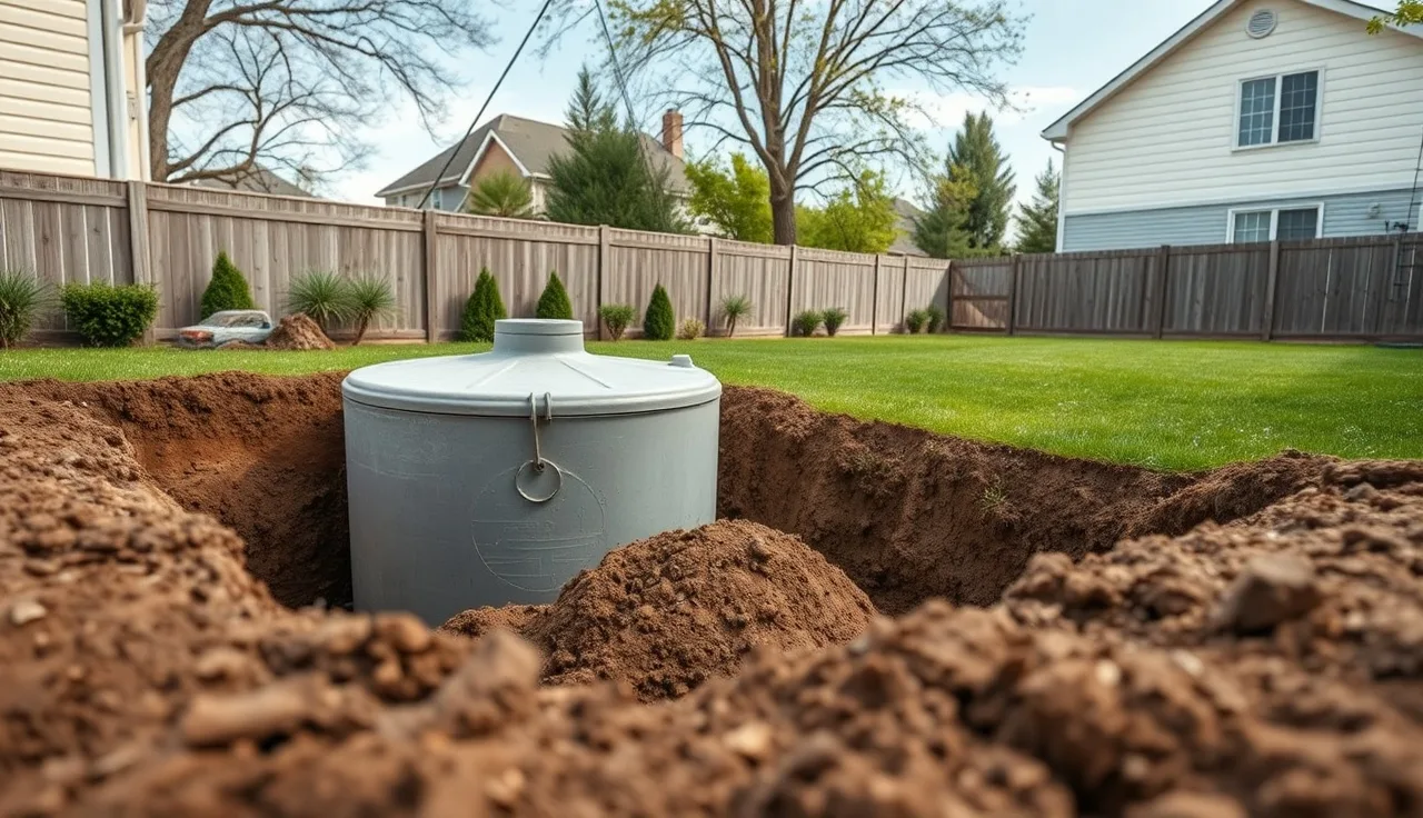 Concrete septic tank being installed in a residential backyard excavation