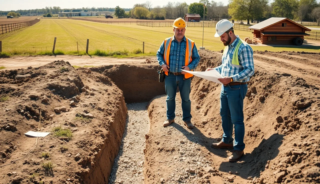 Contractor and inspector reviewing site plan beside an open drain field trench