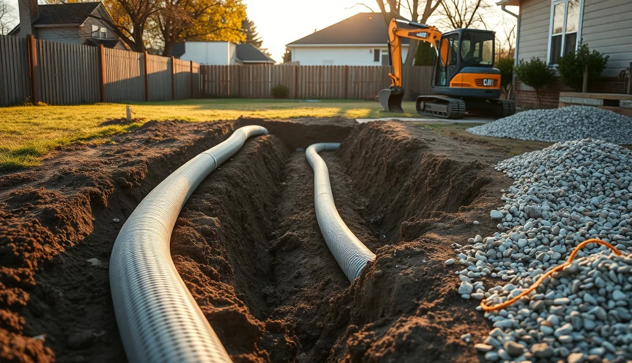 Freshly dug drain field trenches with perforated pipe in a residential backyard