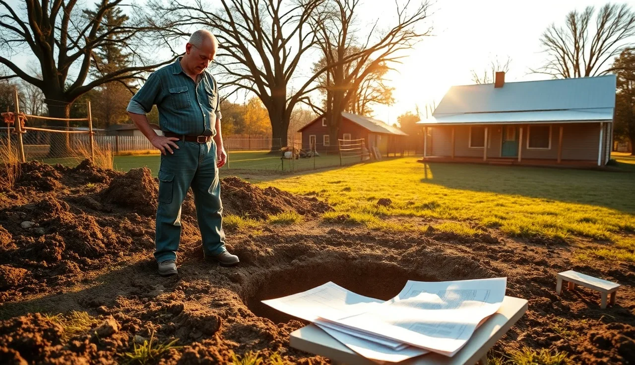 Homeowner reviewing plans next to an excavated septic tank installation site in a rural backyard