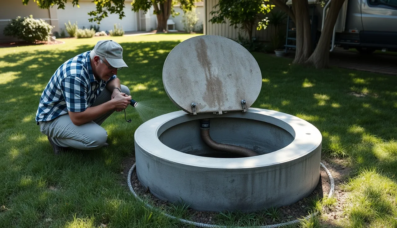 Homeowner inspecting an open septic tank access lid in a backyard