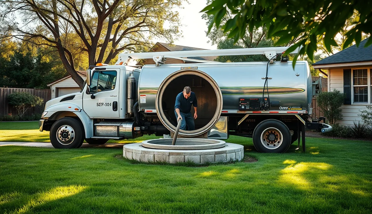 Septic pump truck operator emptying a residential septic tank in a backyard
