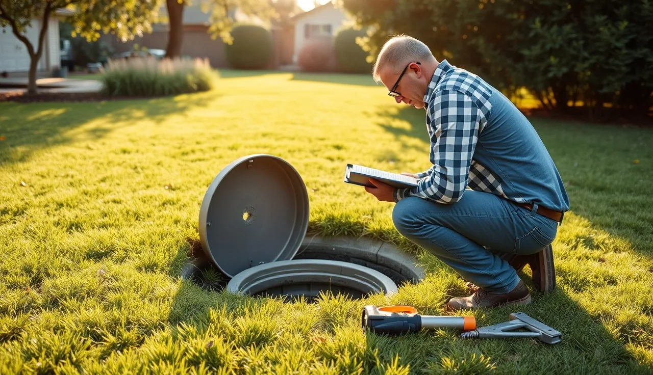 A septic inspector examining an open tank riser during a home purchase inspection