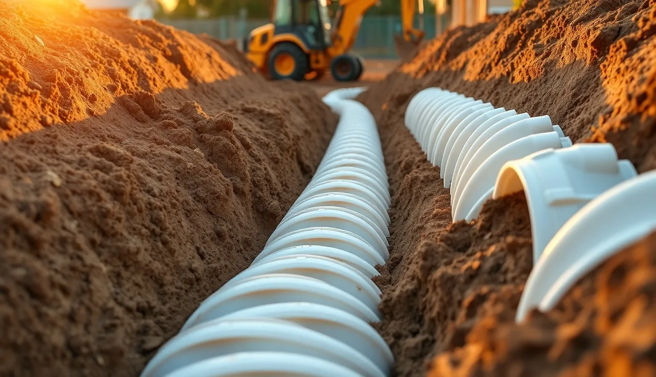 Plastic arch drain field chambers installed in an open residential leach field trench