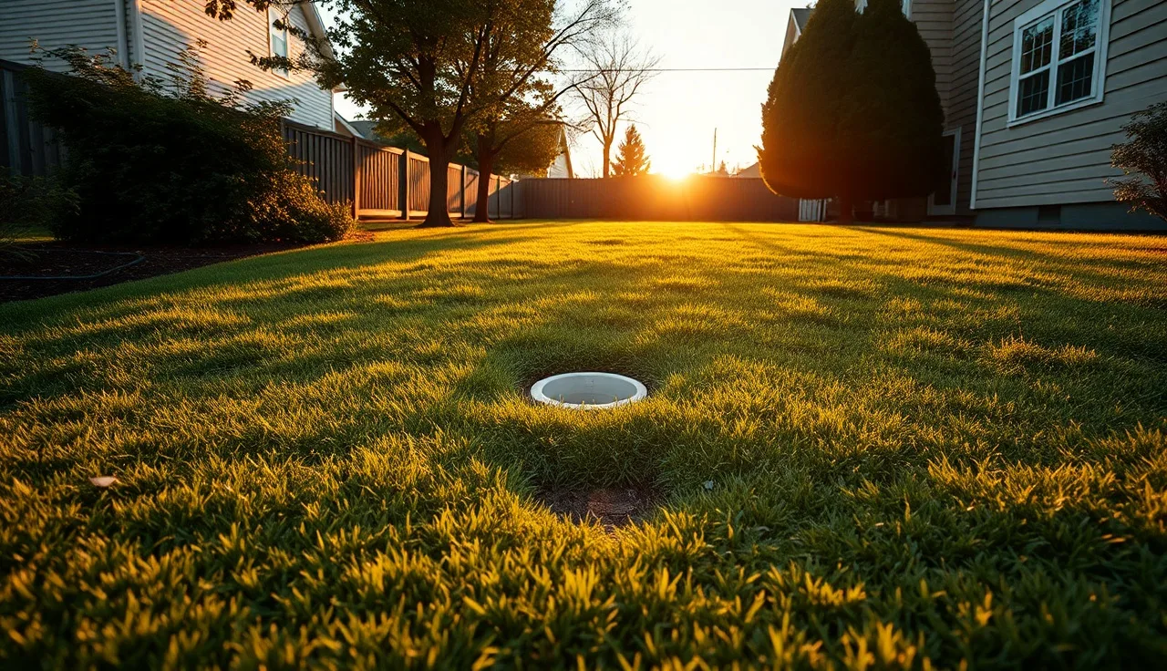 Backyard lawn with a PVC inspection port above a residential drain field