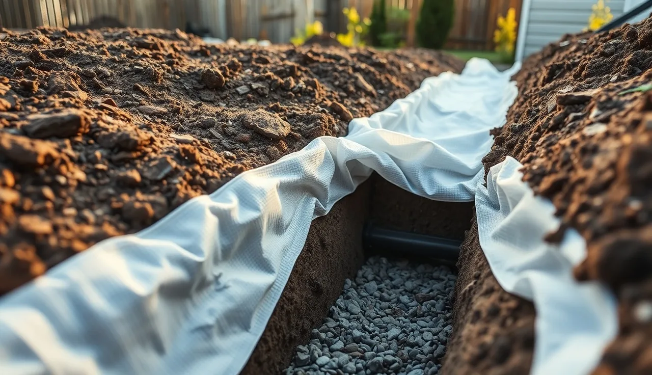 Open drain field trench with white geotextile filter fabric laid over gravel and perforated pipe