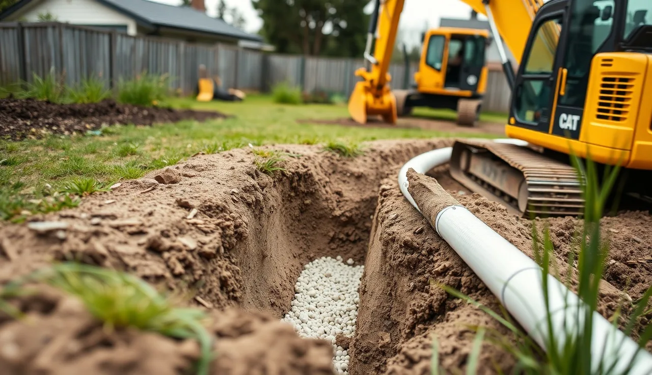 Freshly excavated drain field trench with gravel and perforated pipe in residential backyard
