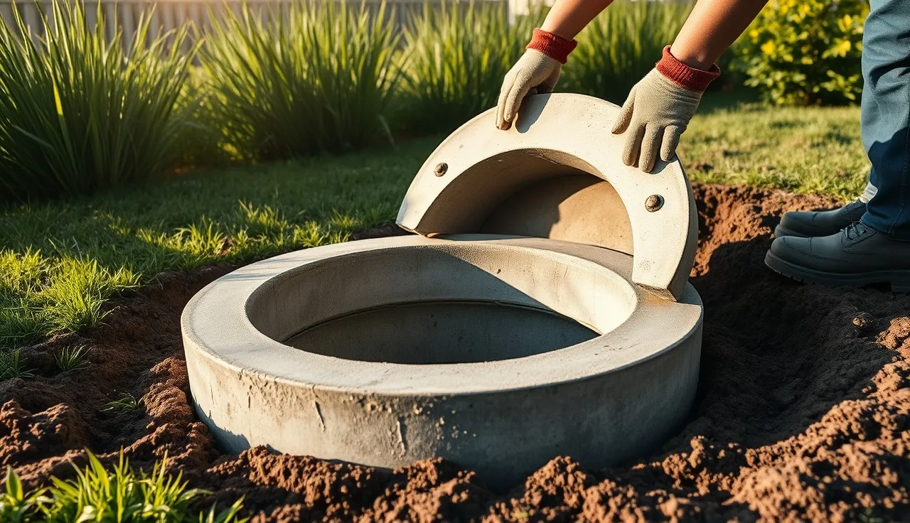 Excavated concrete drain field distribution box with lid removed in backyard