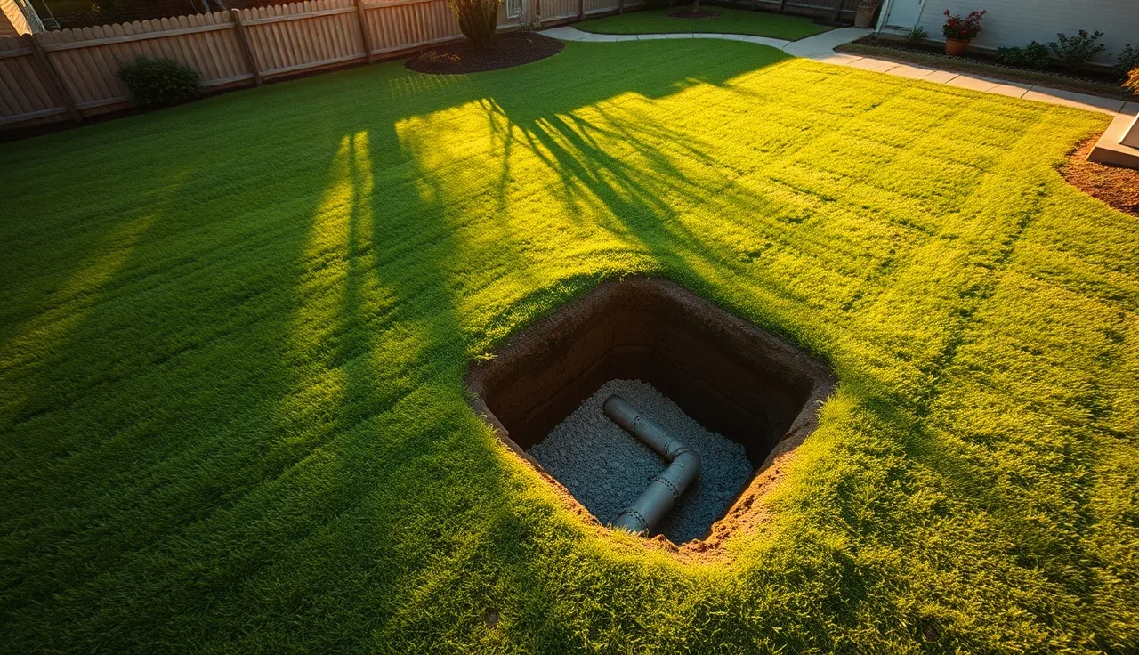 Open drain field trench in a residential backyard showing gravel and perforated pipe