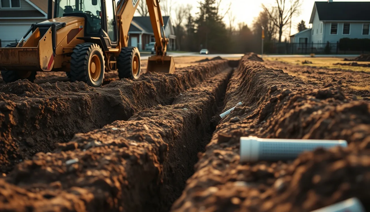 Backhoe excavating drain field trenches with gravel and pipe staged nearby