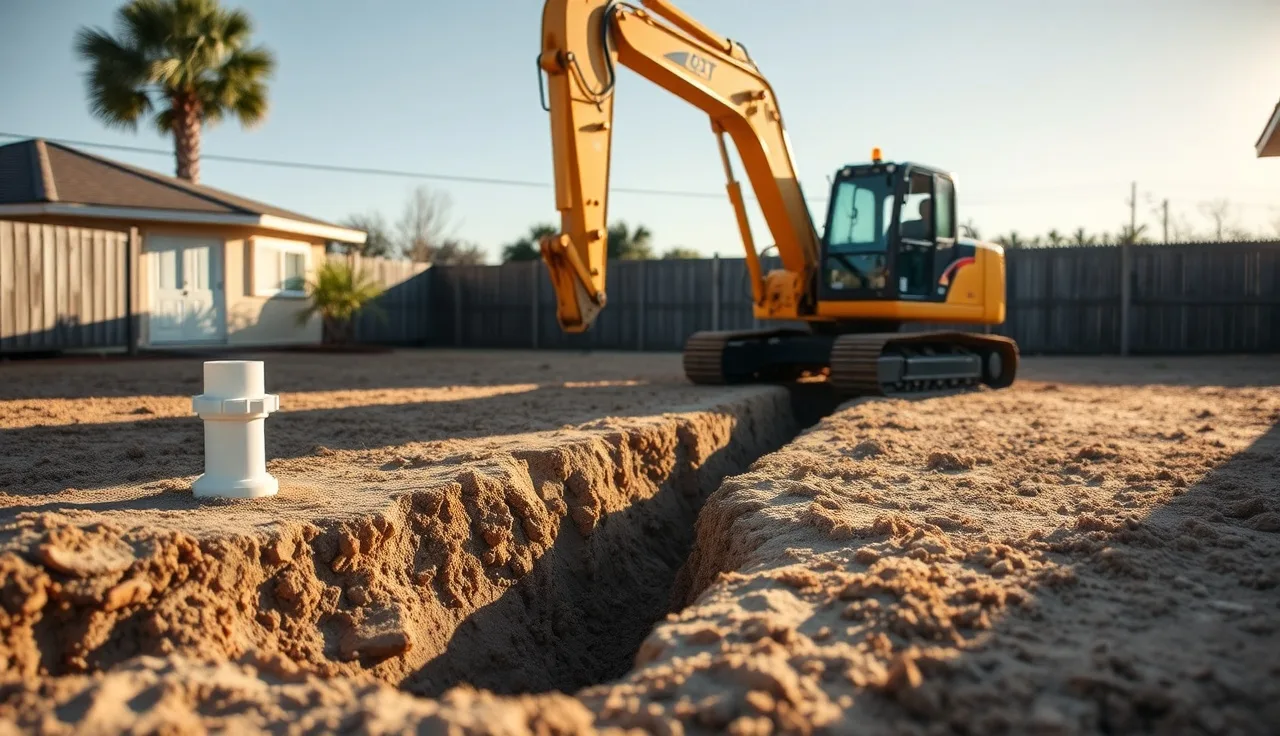 Track excavator digging a drain field trench in sandy Florida backyard