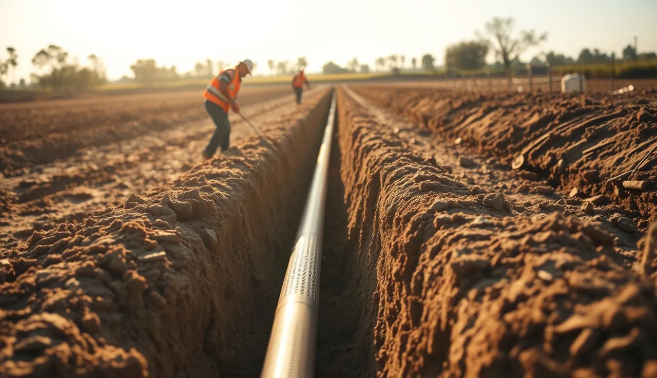 Workers excavating a drain field trench on a rural property in afternoon light