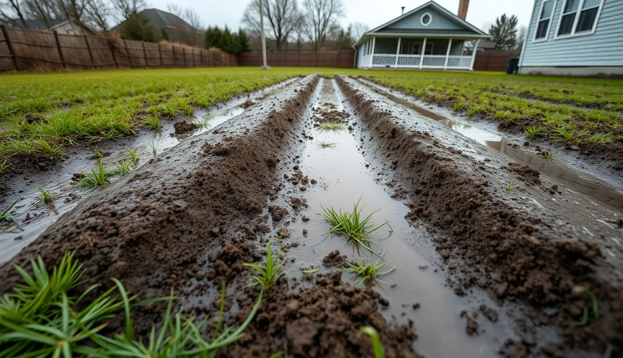 Waterlogged lawn with surface ponding over a failing residential drain field