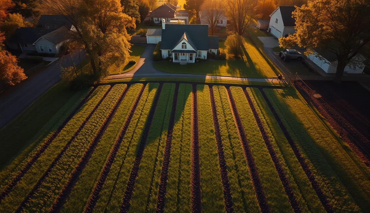 Aerial view of a residential drain field with parallel trench lines in a rural backyard