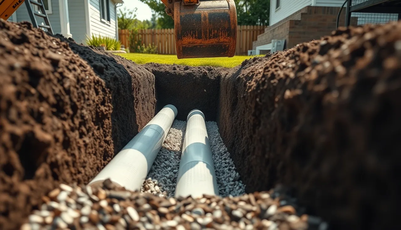Open drain field trench showing perforated pipe bedded in gravel before backfill