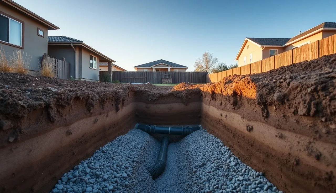Excavated drain field trench showing perforated pipe and gravel aggregate layers
