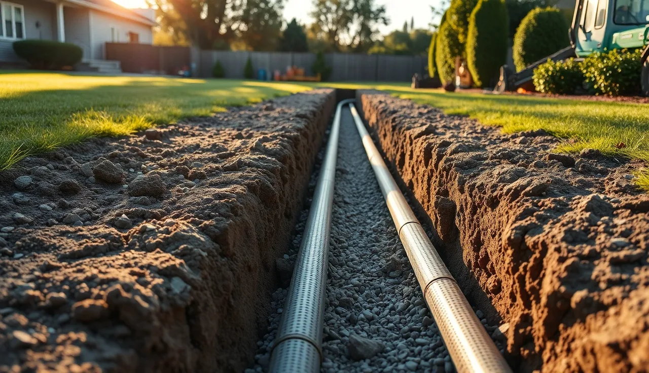 Perforated drain field pipe laid in gravel-filled trench during residential septic installation