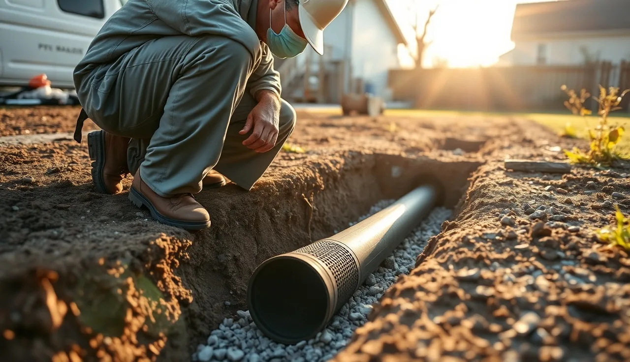 Septic contractor inspecting exposed drain field pipe in a residential backyard trench
