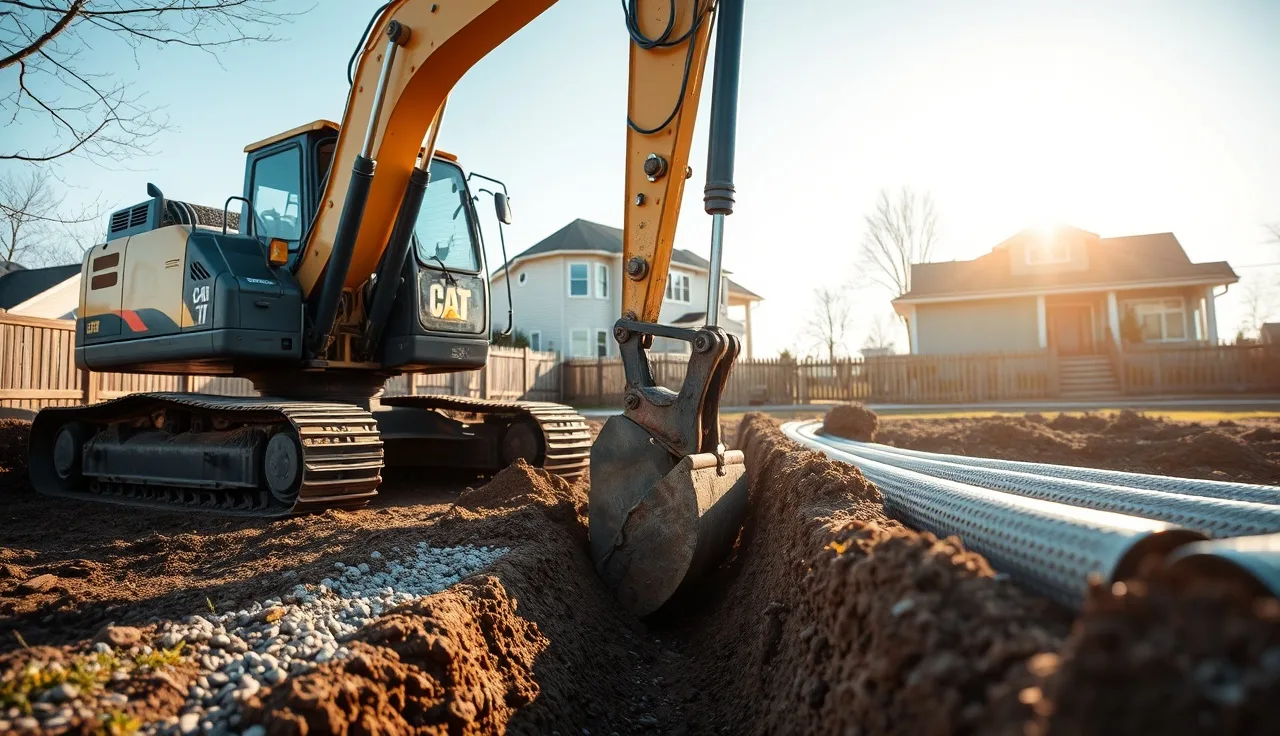 Excavator opening a drain field trench in a residential backyard on a sunny morning