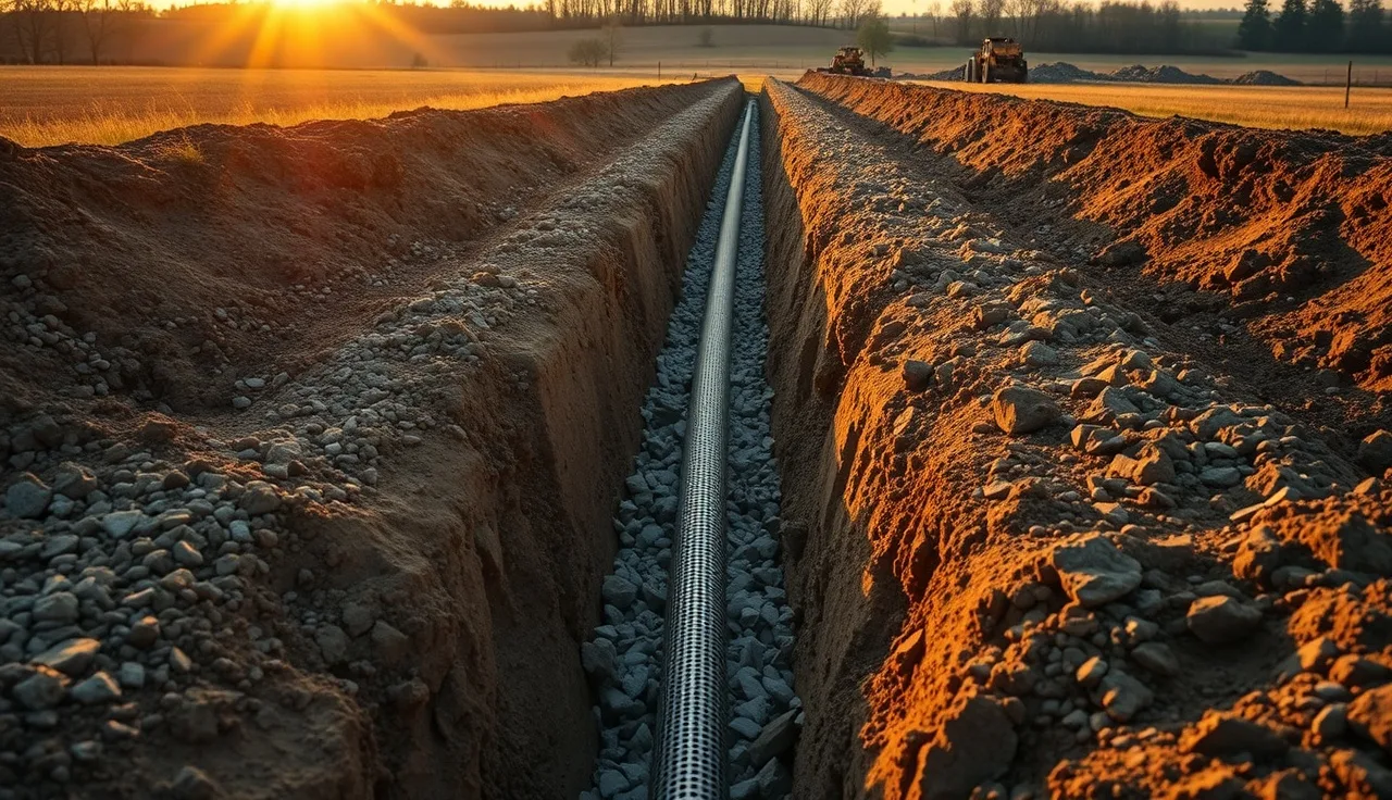 Open leach field trench filled with crushed drain field rock and perforated pipe
