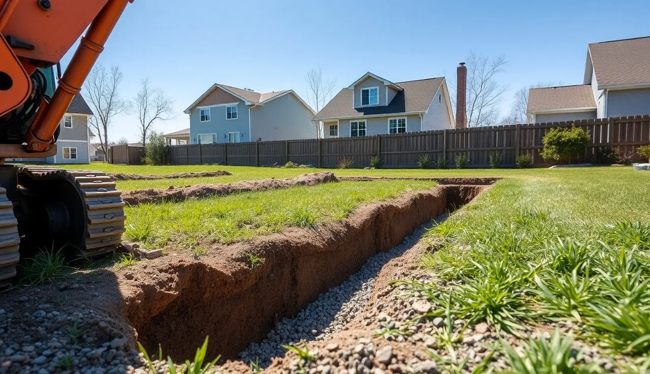 Open drain field trench with perforated pipe and gravel in a residential backyard