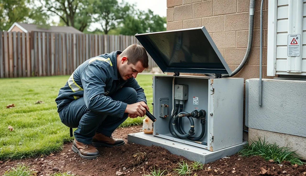 Technician inspecting an open septic distribution box beside a residential drain field