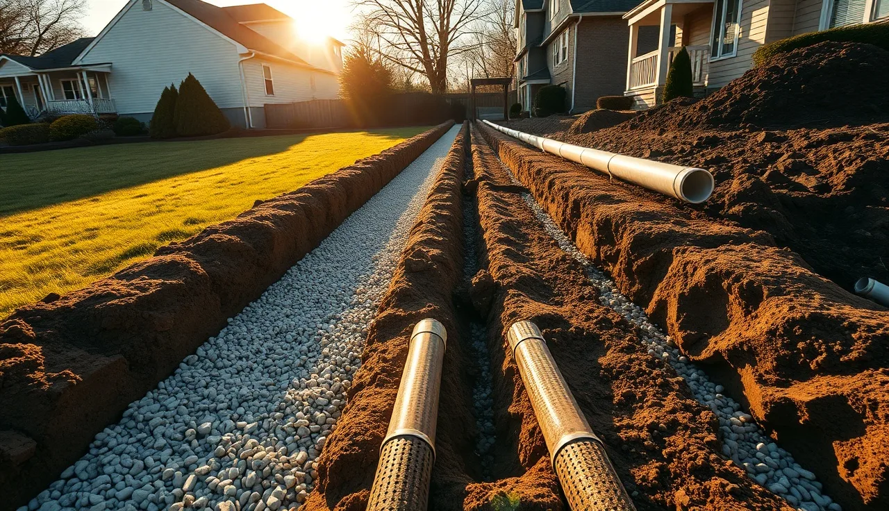 Freshly excavated drain field trenches filled with gravel and perforated pipe in a residential yard