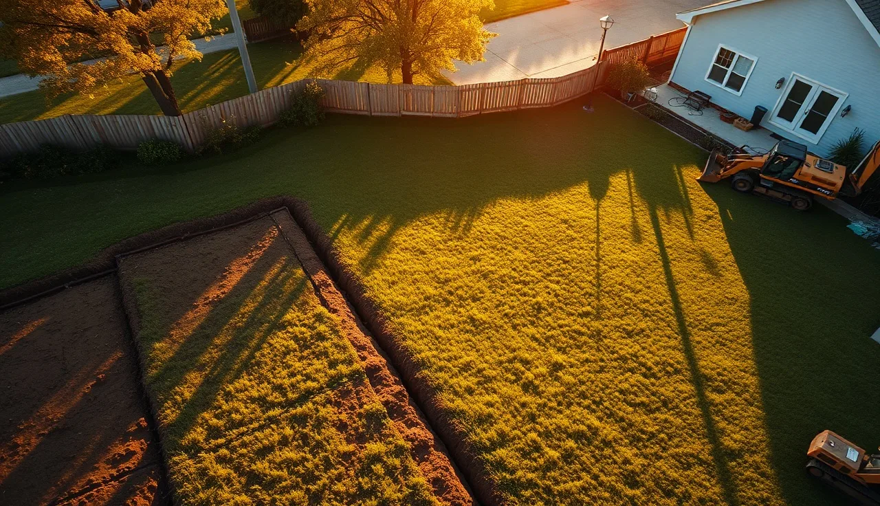 Residential backyard with visible drain field trench pattern under green lawn