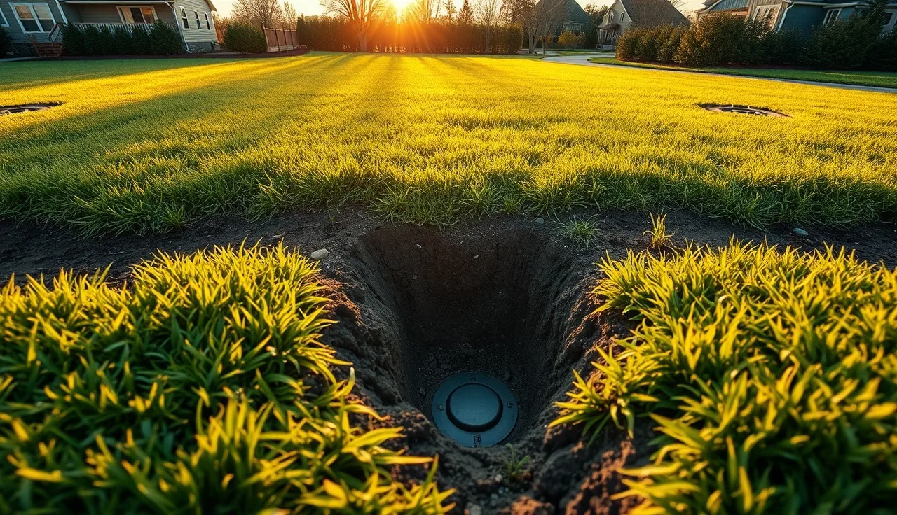 Backyard lawn over a residential septic drain field with inspection port caps visible