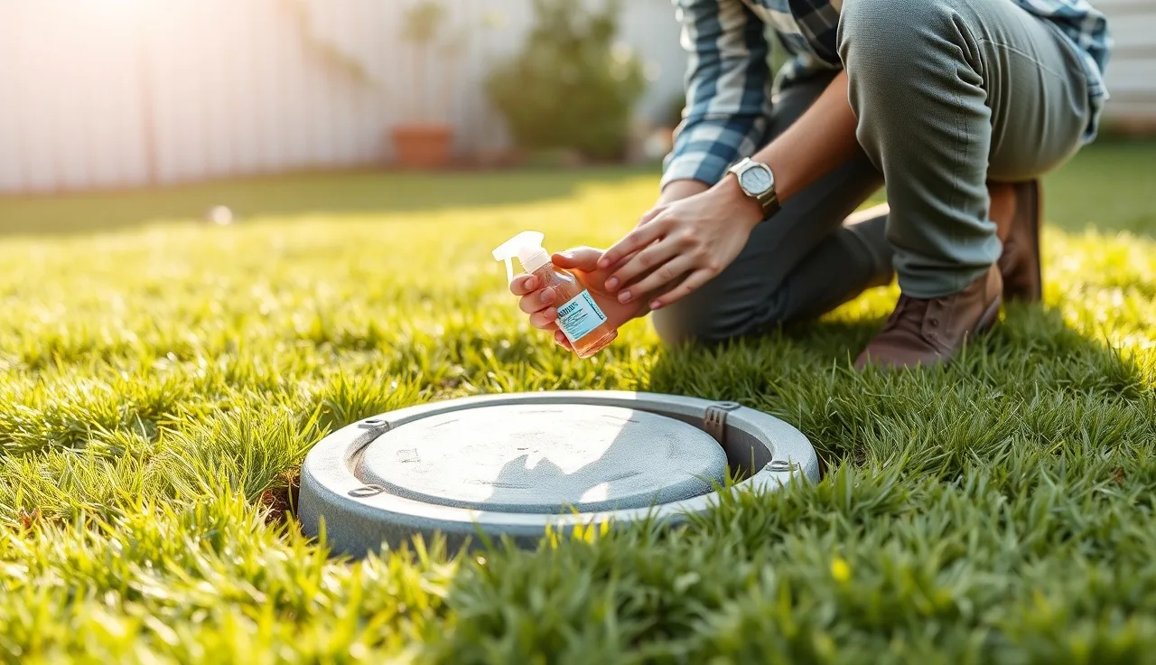 Homeowner holding septic treatment bottle beside open tank riser in backyard