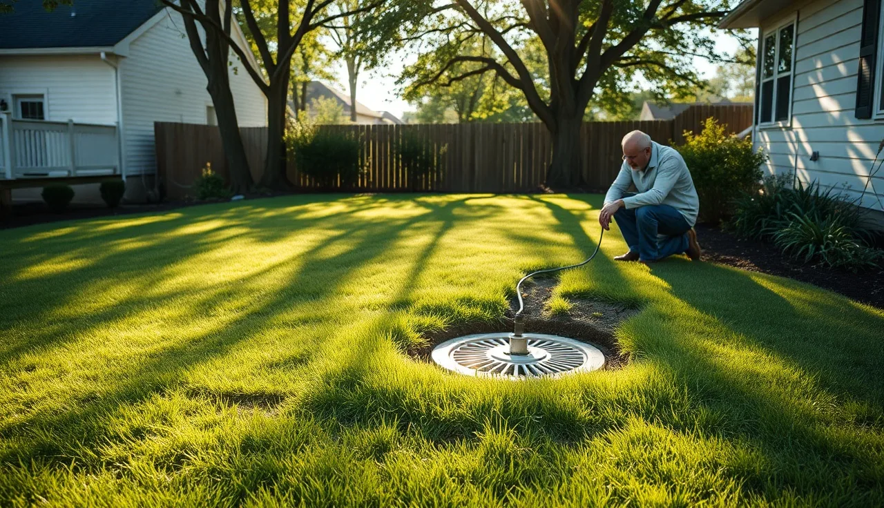 Homeowner inspecting septic tank access riser in a green backyard