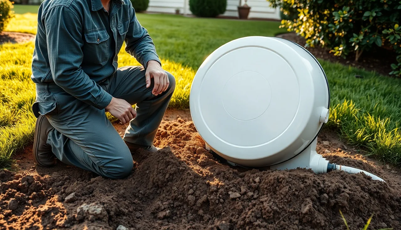 Technician installing an Ecoflo biofilter septic unit in a residential backyard