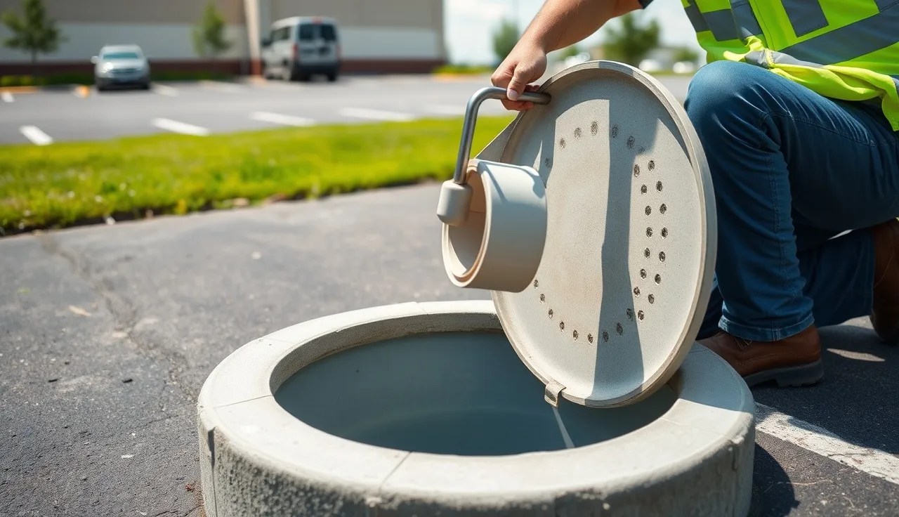 Technician removing a cylindrical effluent filter from a commercial septic tank access port