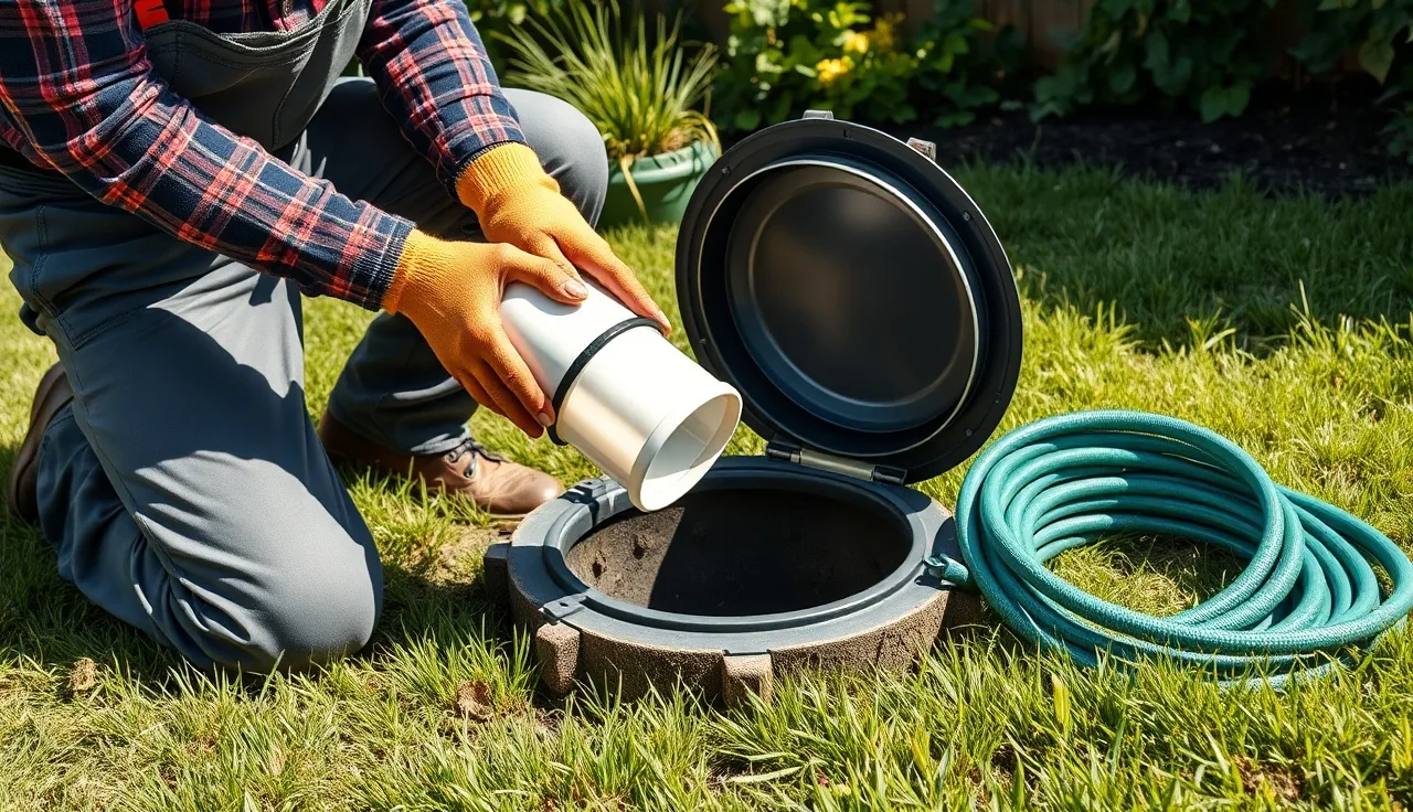 Plumber holding a septic effluent filter cartridge over an open tank lid outdoors